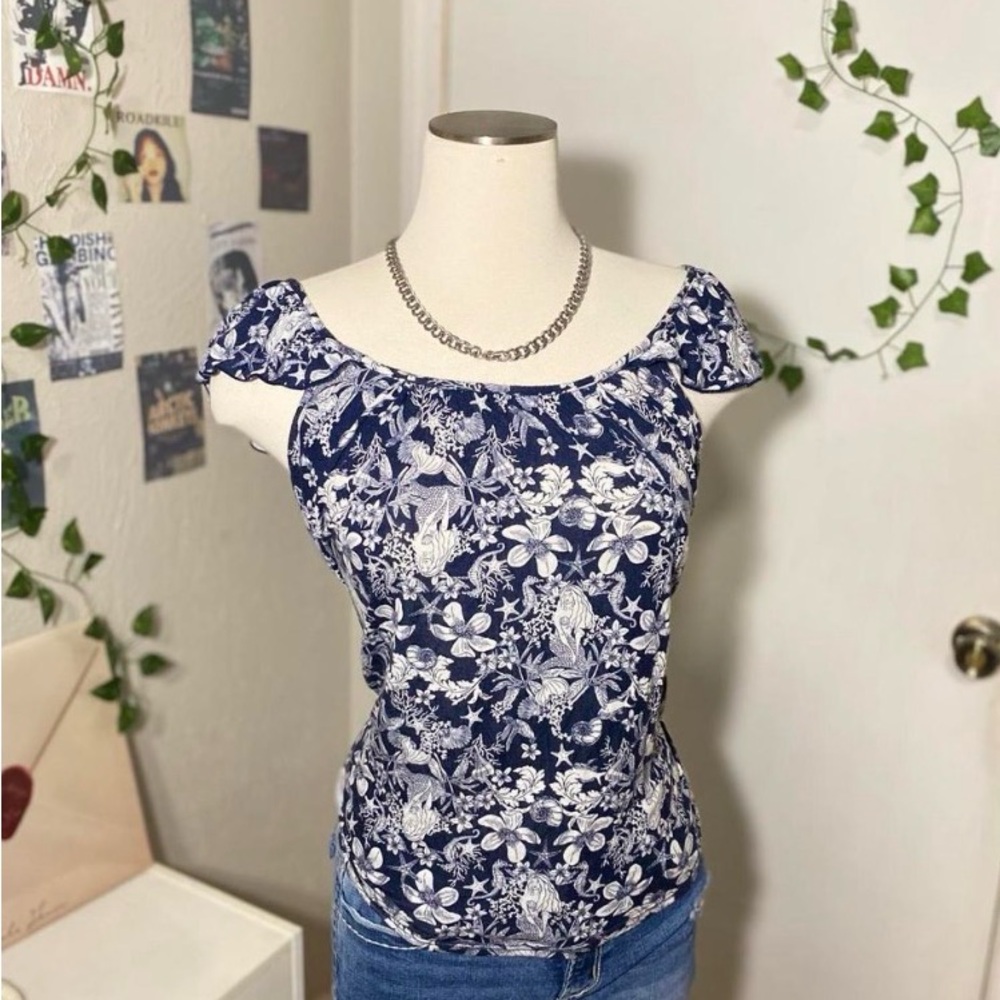 Navy Floral Off-Shoulder Women's Blouse